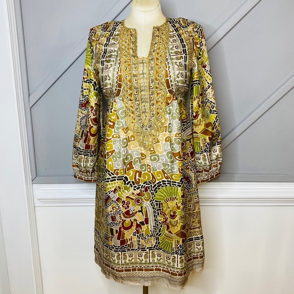 Nicole Miller Collection Silk Dress Kaftan Tunic Aztec Mosaic‎ Print Sz S - Picture 1 of 14
